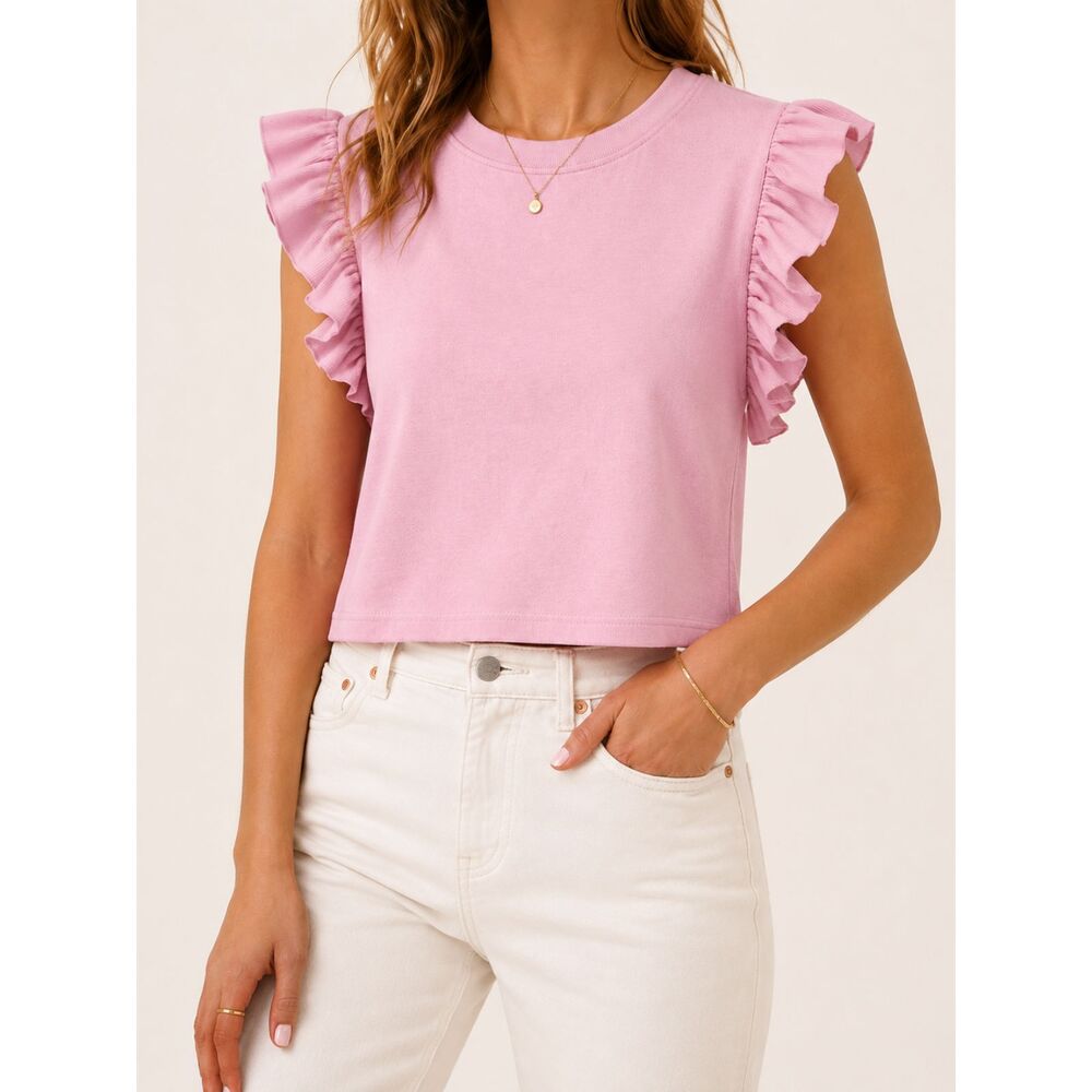 The Vintage Shop Pink Ruffle Sleeve Crop Top M Ribbed Coquette Balletcore